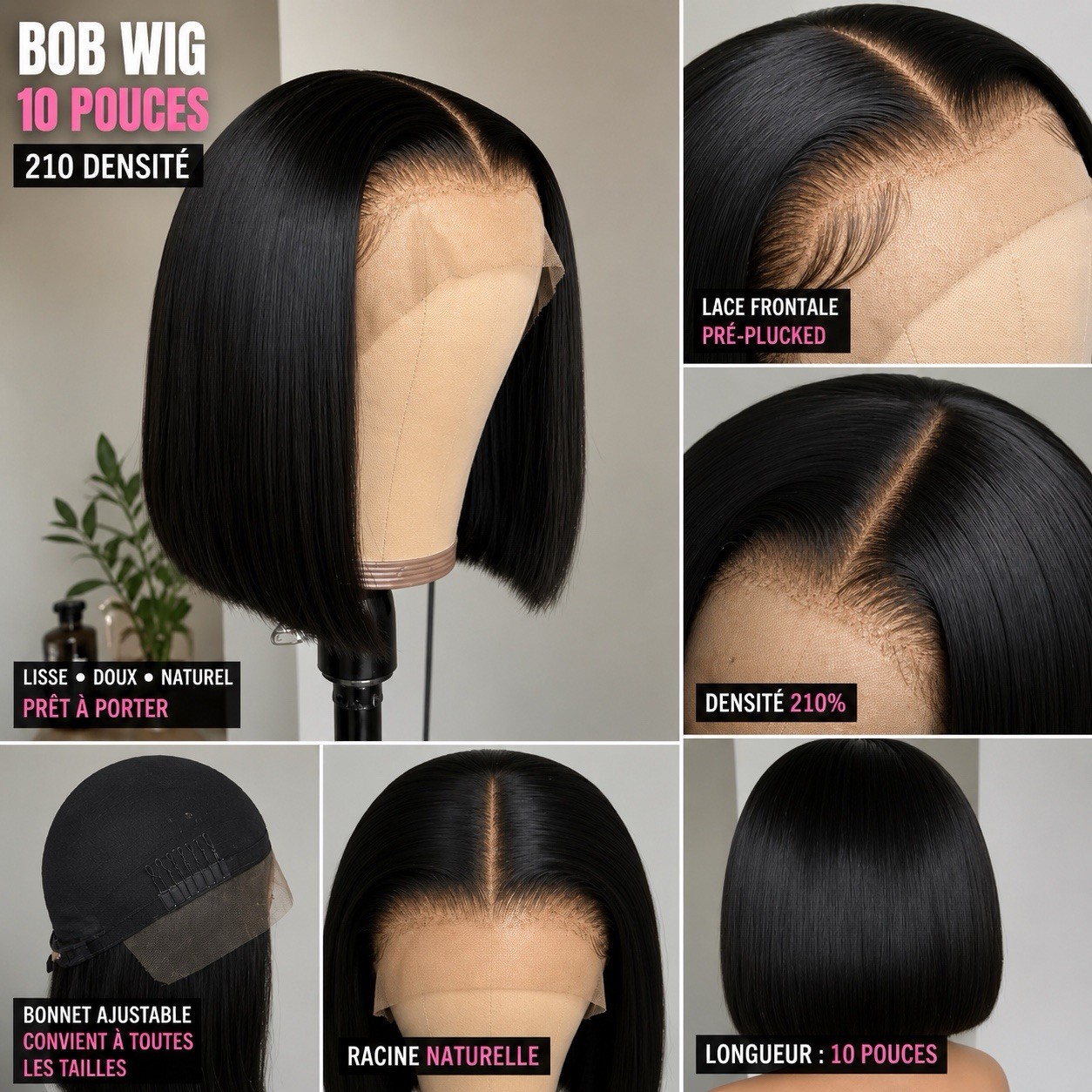 Women’s Lace Front Bob Wig Straight Black Pre-Plucked Adjustable Strap 10 in