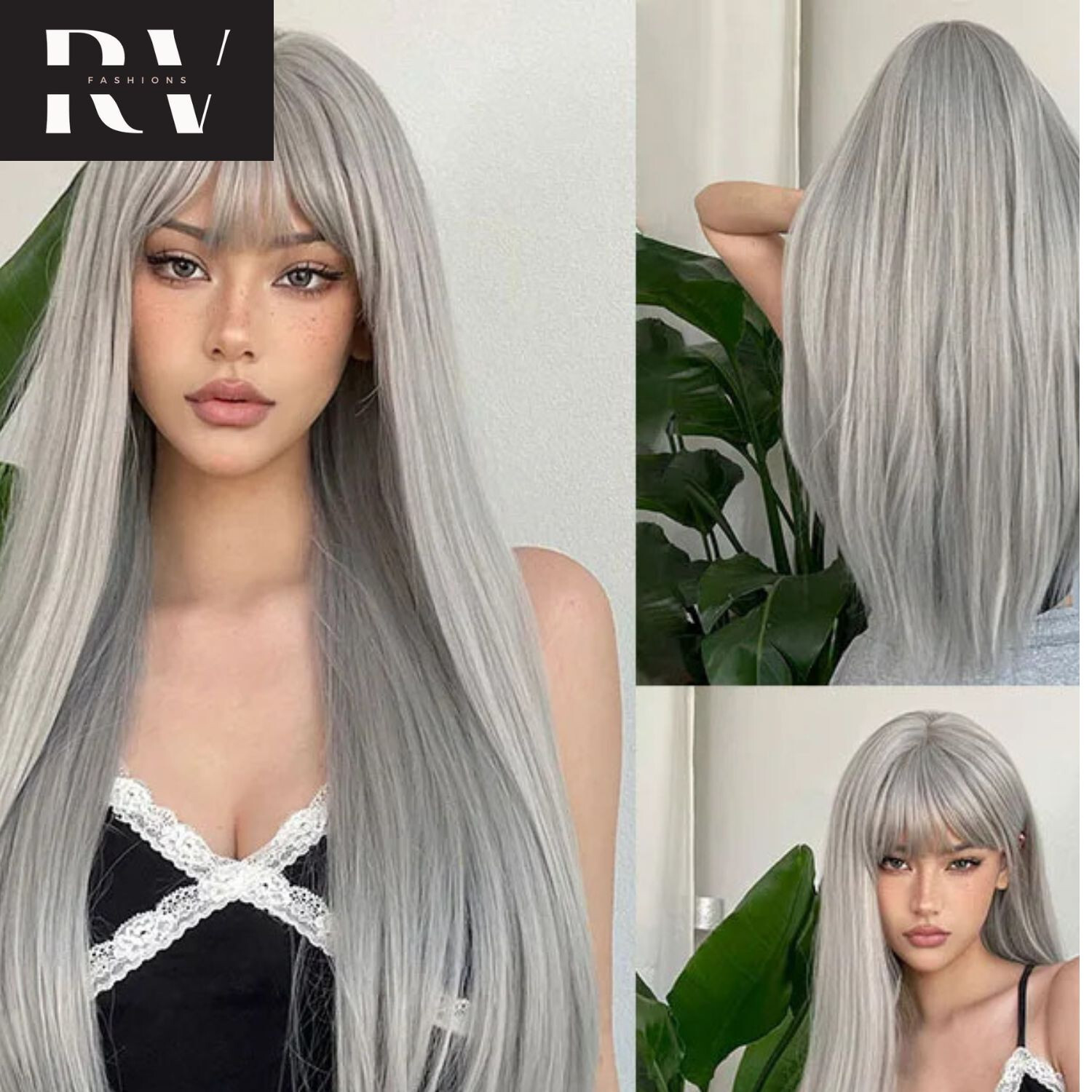 Silver Ash Gray Long Straight Synthetic Wigs Natural Hair with Bangs White Women