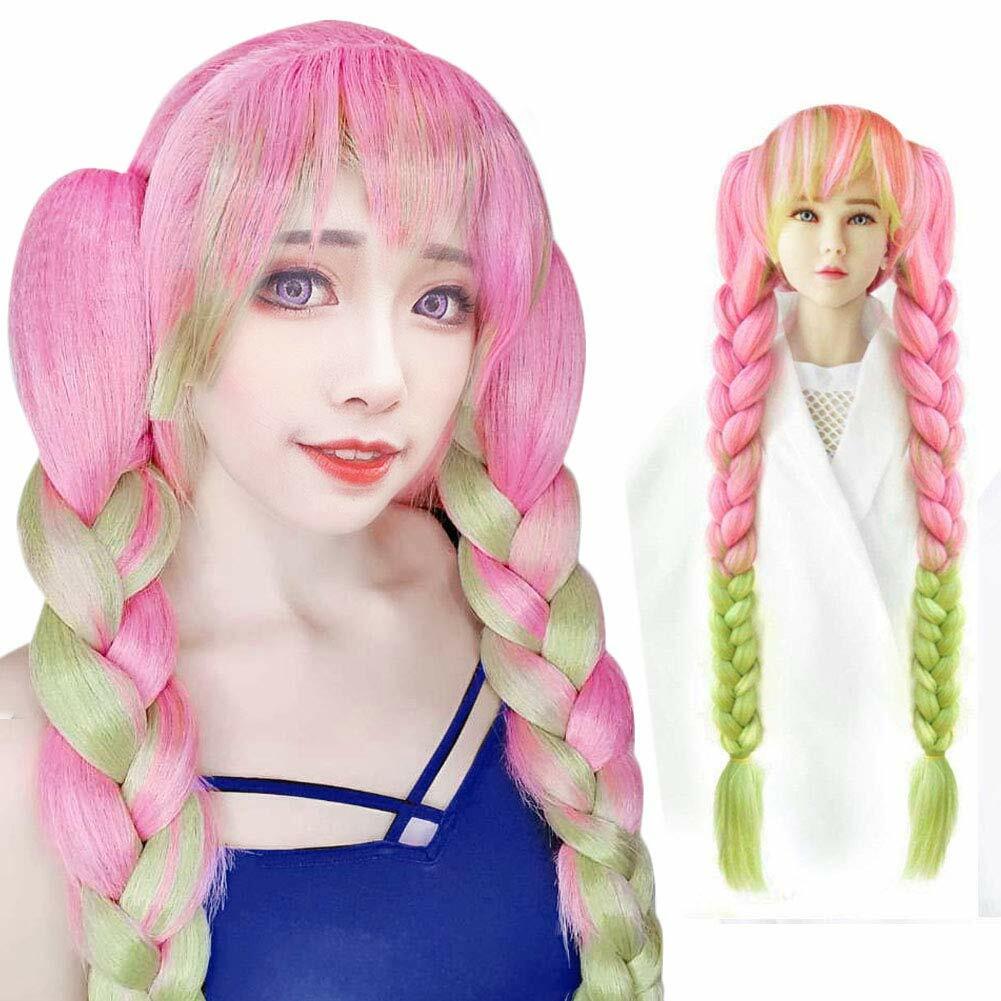 ANOGOL Wig Cap+Long Straight Wigs with Ponytails Green Pink Wig Cosplay for Anim