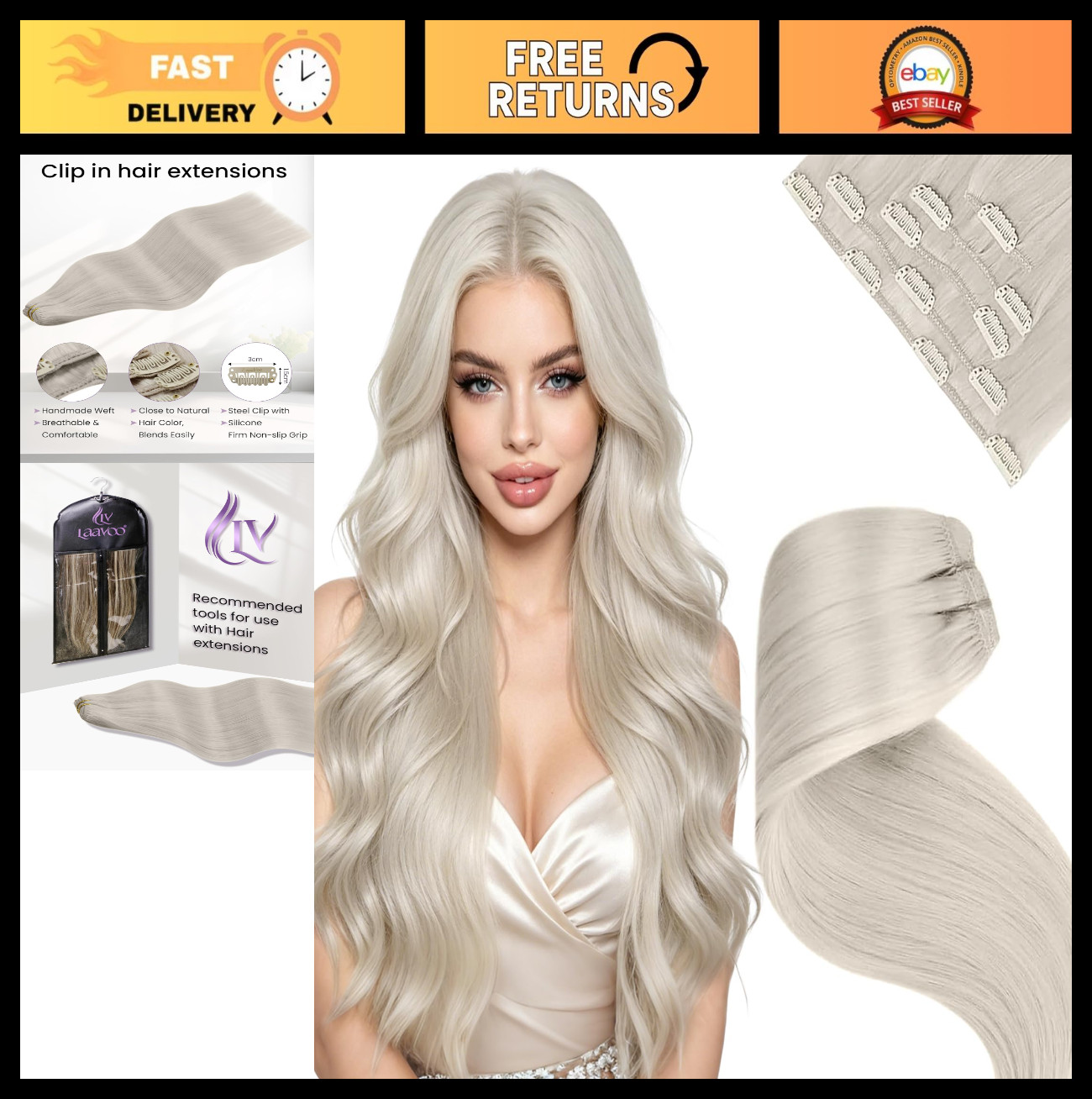 Platinum Blonde Clip-In Hair Extensions, 20″ Real Human Hair, 5pcs, 80g