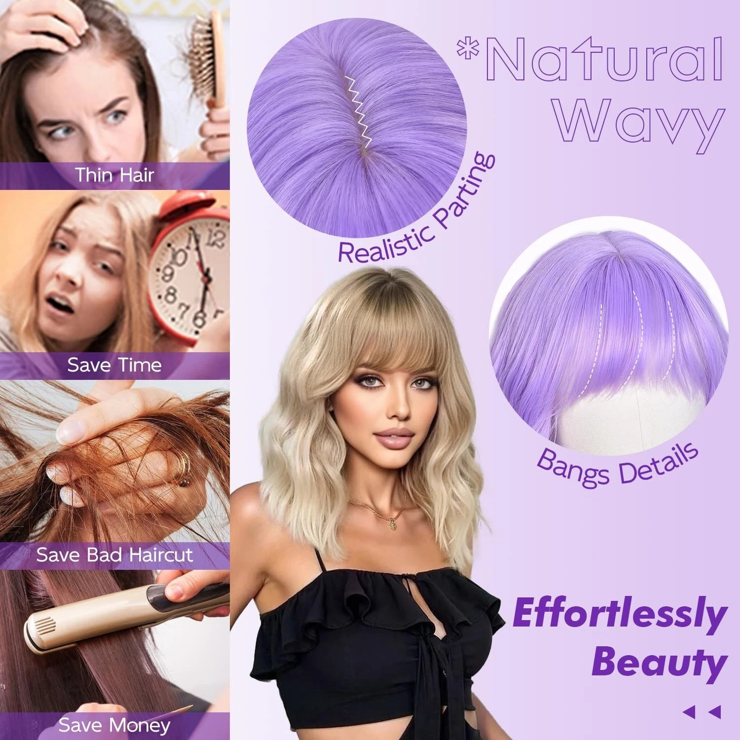 Light Purple Wigs for Women 16in Wavy Bob Wig with Bangs Synthetic Hair Cosplay