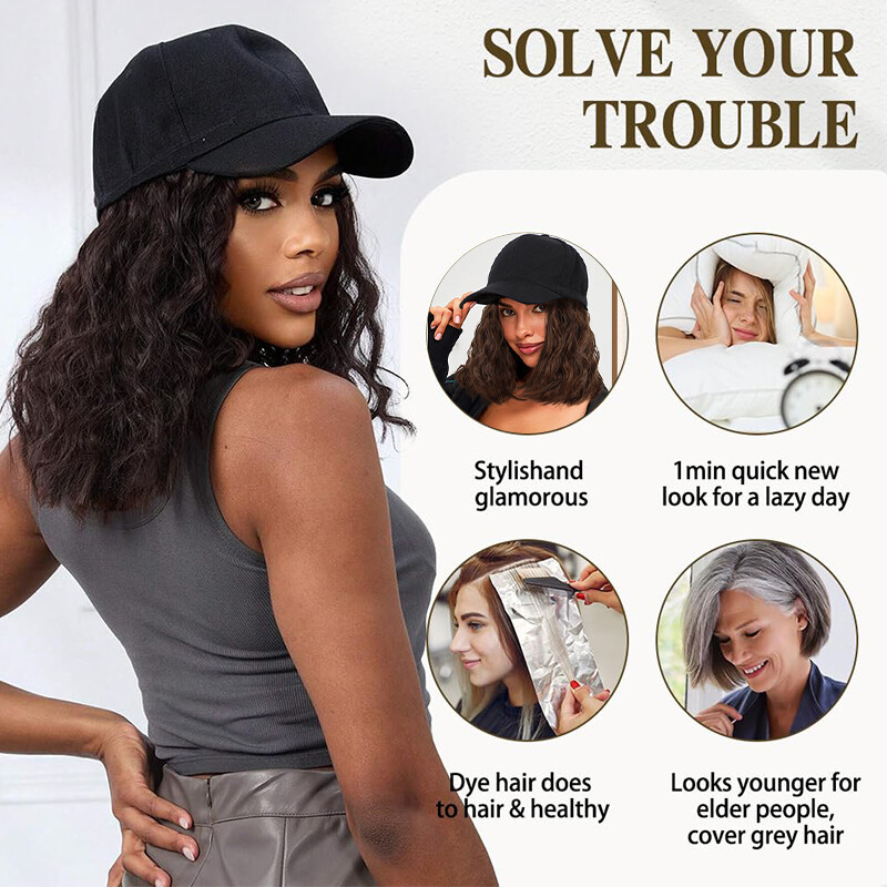 Baseball Hat Black White Red Cap with Hair Long Wavy Wigs Bucket Hat for Women