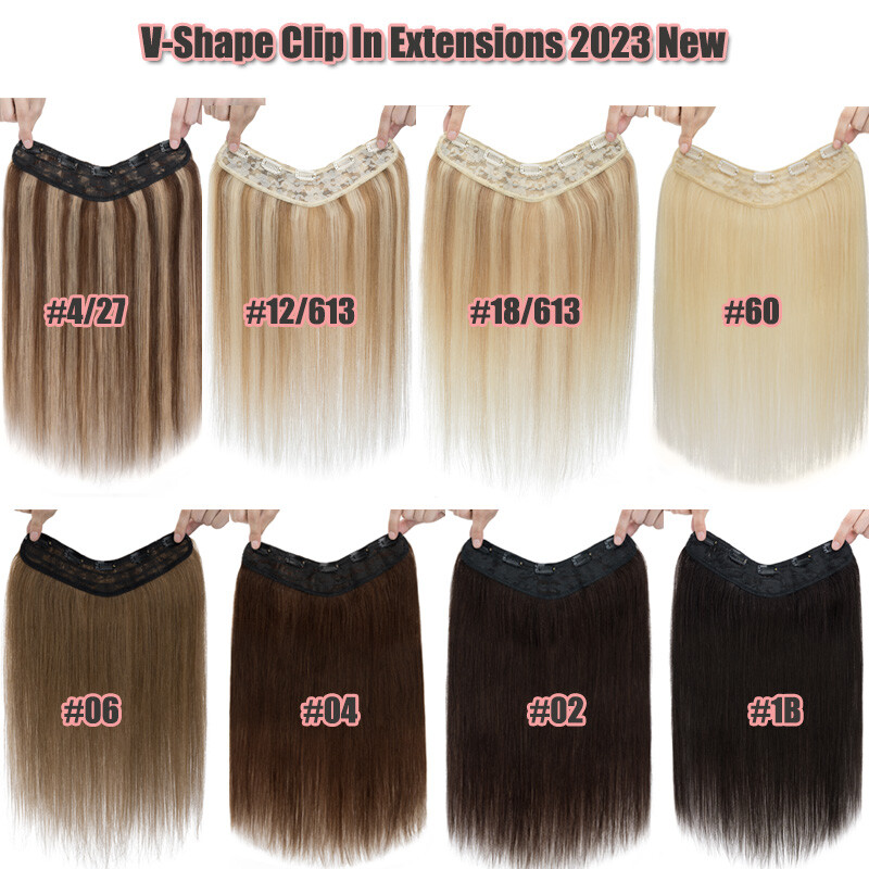 V-Shape Clip In Human Hair Extensions One Piece Weft Full Head Thick Brown 100G+