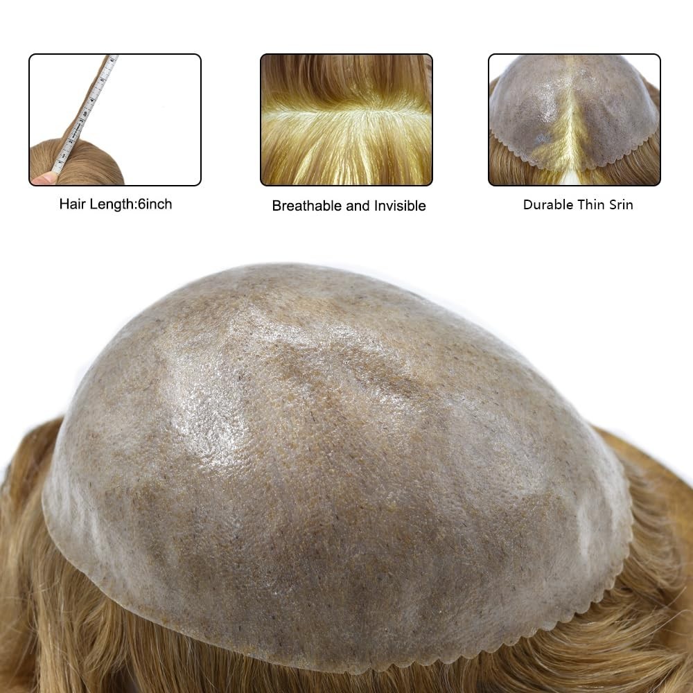 Mens Toupee Human Hair Systems Full Poly Thin Skin Hair Piece Replacement System