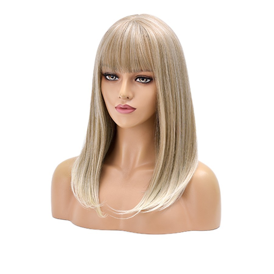 Gradient blonde Cosplay Party Wig With Bangs Short Straight Heat Resistant Hair