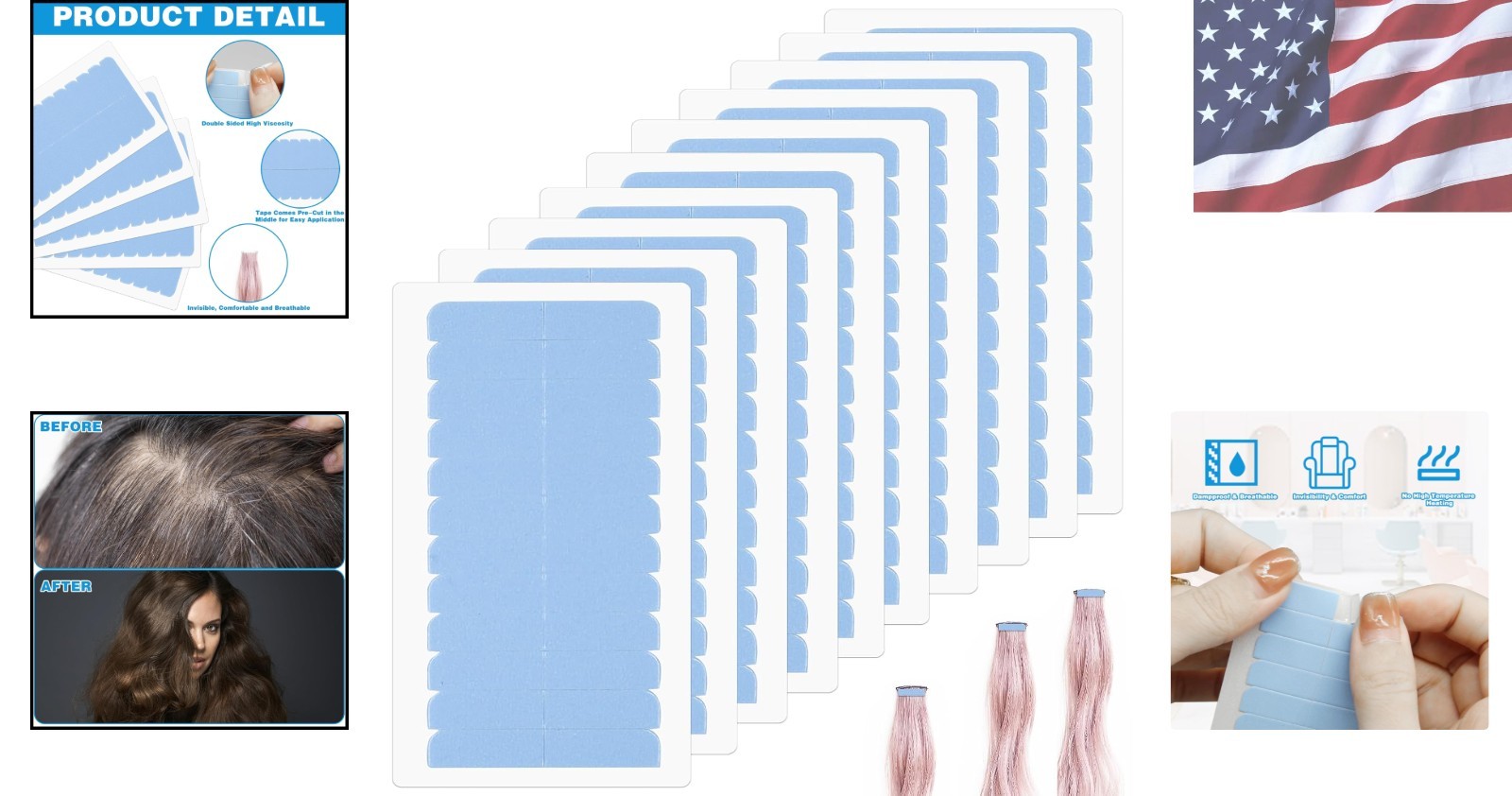 Adhesive Hair Extension Tape – 120pcs Waterproof and Easy to Remove Blue Strips