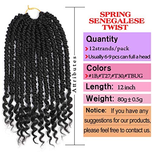 Pre Spring Twist Crochet Hair Senegalese Crochet Braids 12 Inch (Pack of 6) #1B