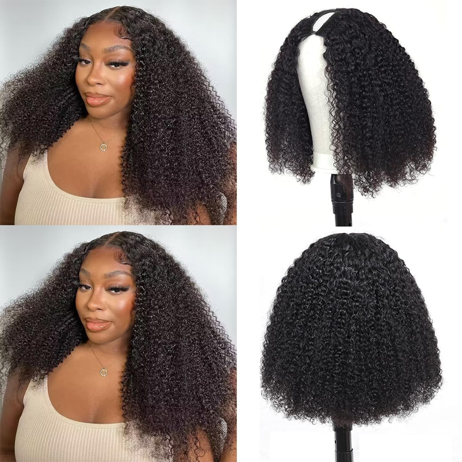 Kinky Curly V Part Human Hair Wig – 200% Density, Drawstring, Clip-In, 26″ Natur