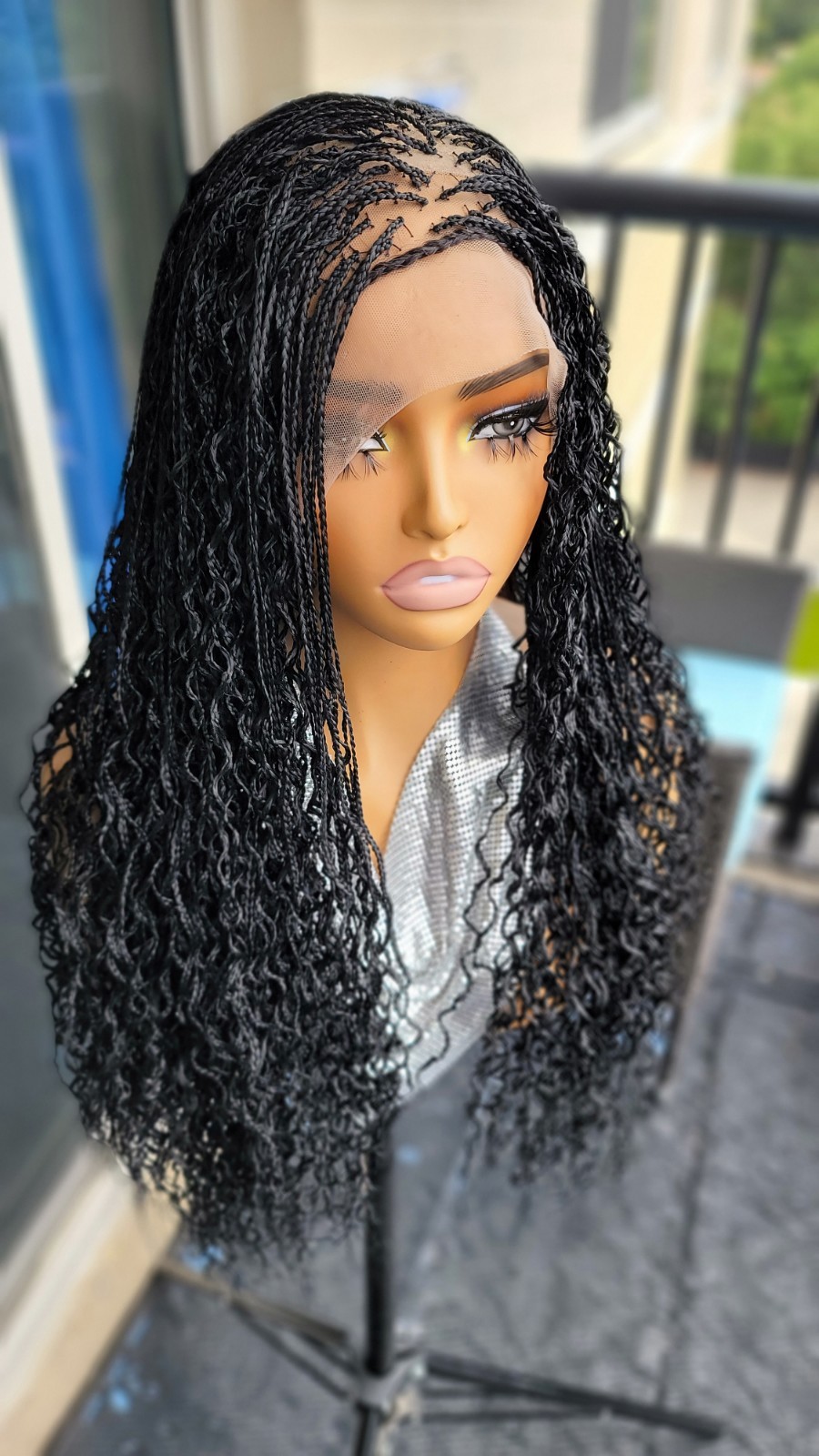 Braided Wig 22″ Micro Boho Braids Jet Black Full Lace Glueless Handmade Long NWT