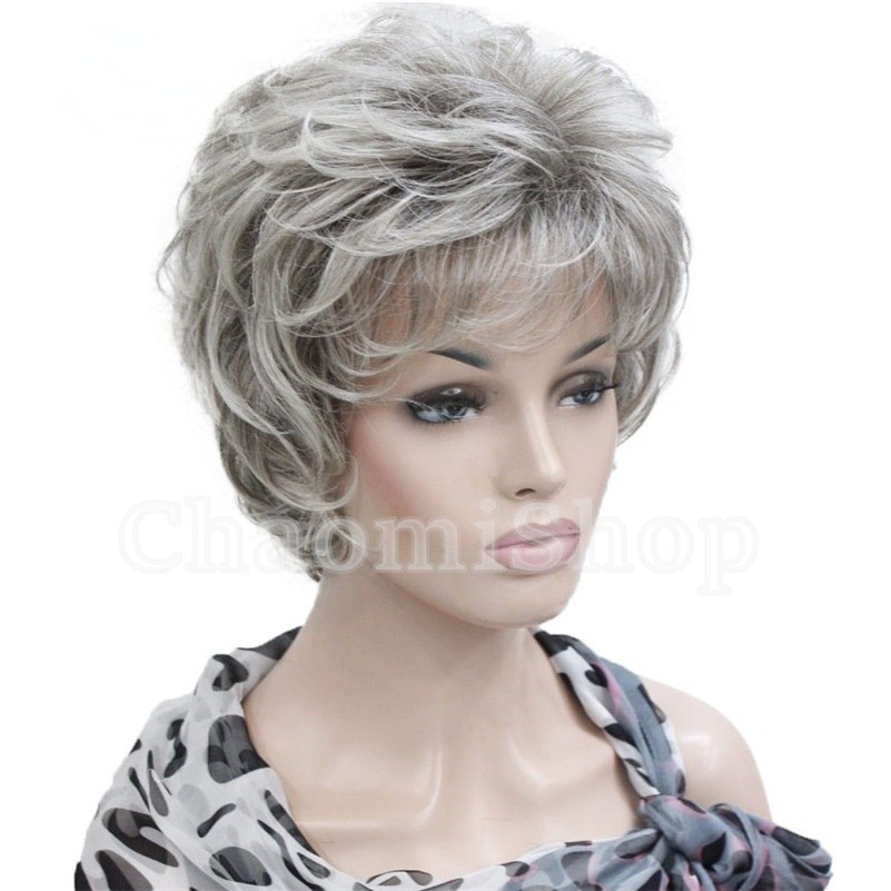 Women’s Wig Short Black Brown Grey Mix Curly Wave Ladies Daily Hair Wigs
