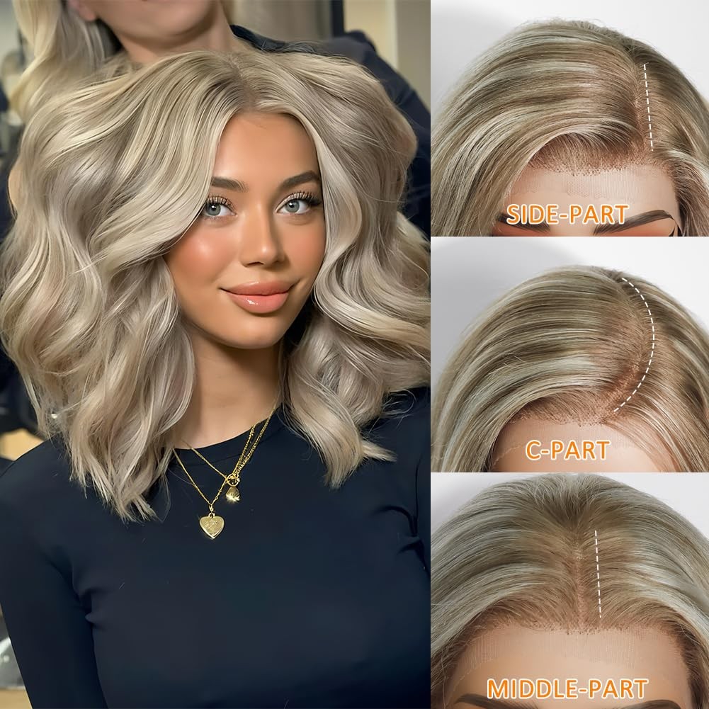 Short Bob Ash Blonde Highlight Wave 100% Human Hair 13×4 Lace Front Wig
