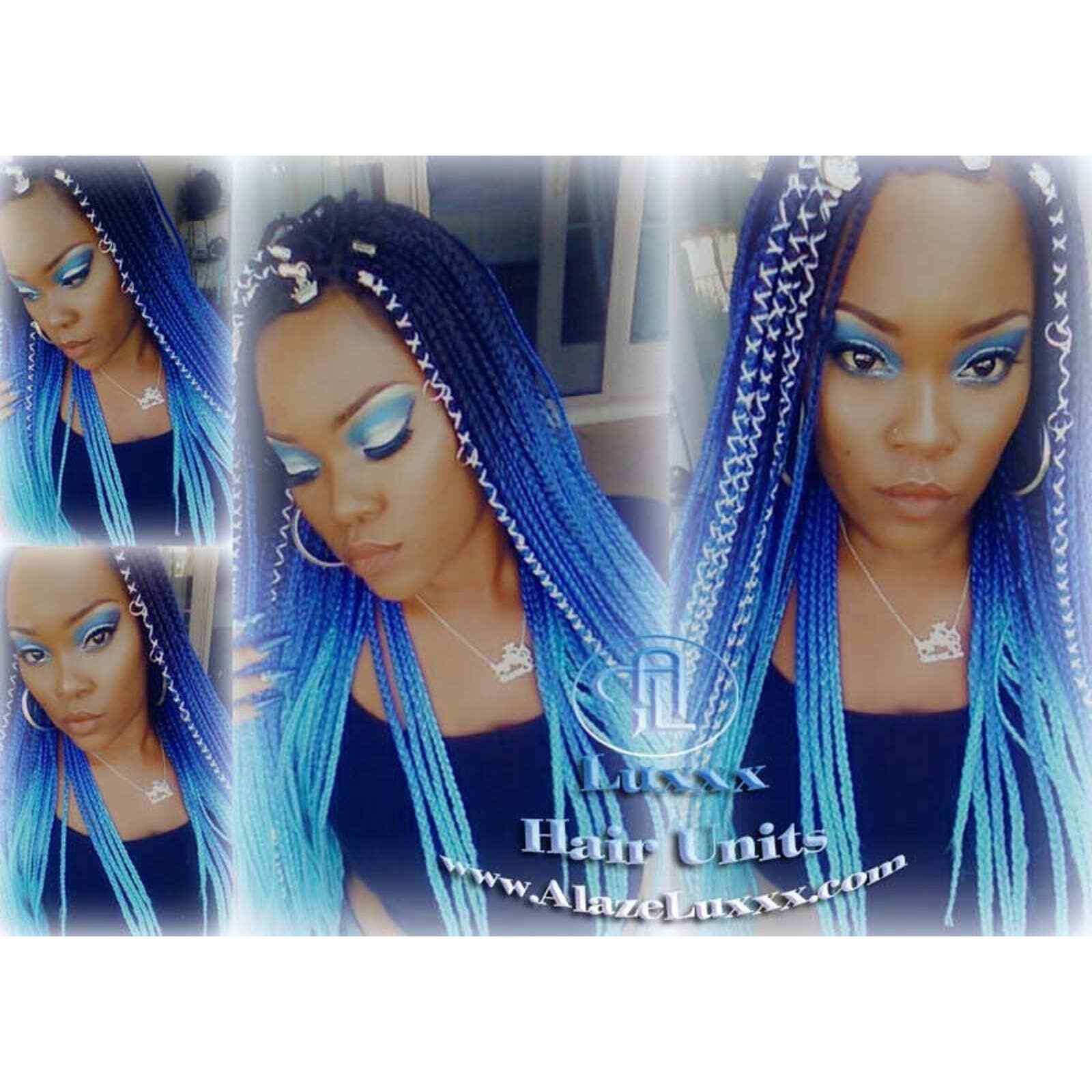 Blue Black Lace Closure Ombre Blue Mermaid Hair Box Braids Wig Multi Color