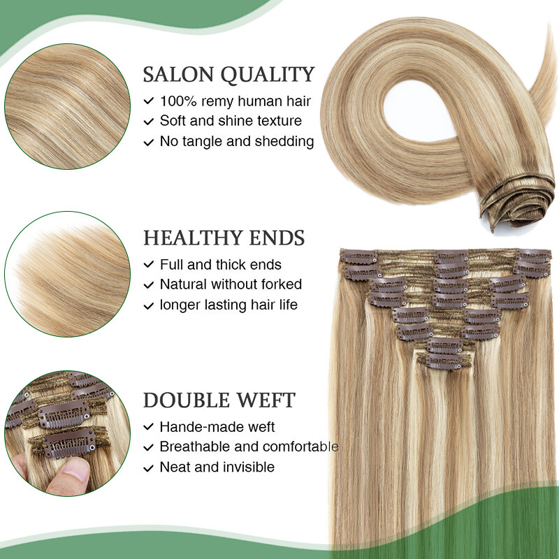Clip In Extensions 8Pieces BLONDE Remy Human Hair Double/Single Weft Full Head