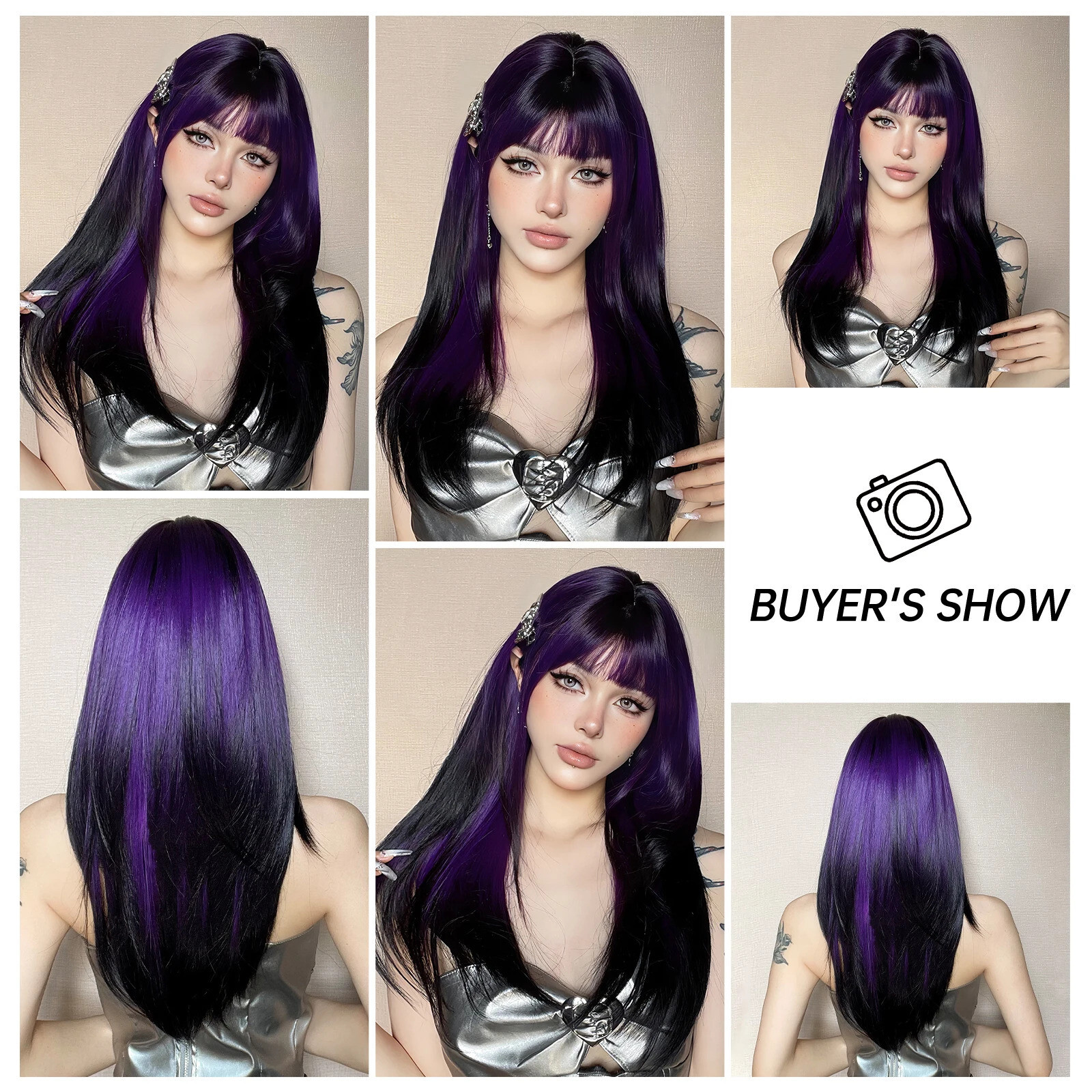 Cosplay wig women’s Black Purple Ombre hair large wavy long Straight Hair