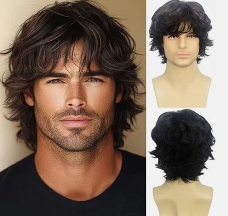 Mens Short Brown Curly Wig Layered Natural Fluffy Hair Wigs for Daily Party
