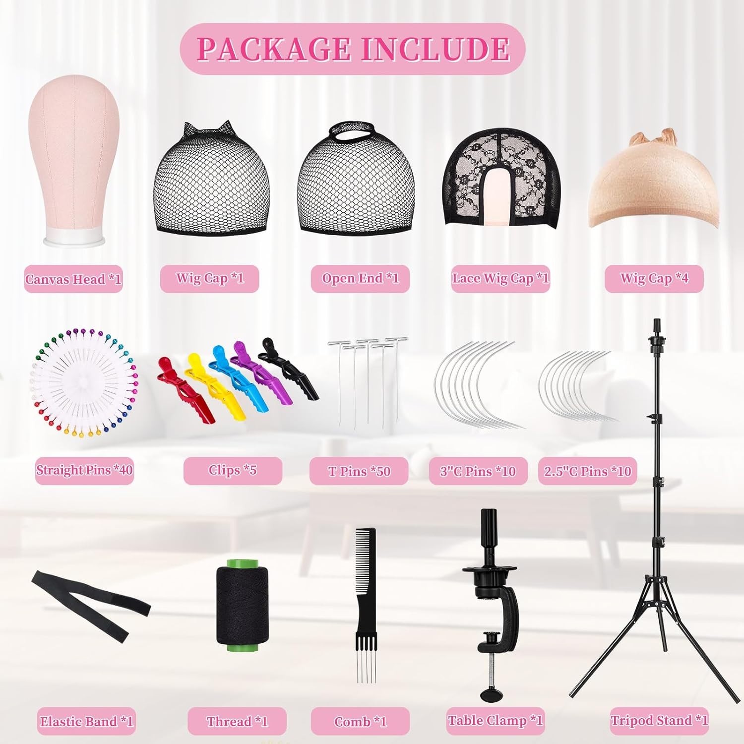 Professional 22In Wig Stand with 63In Adjustable Tripod – Pink Display Head