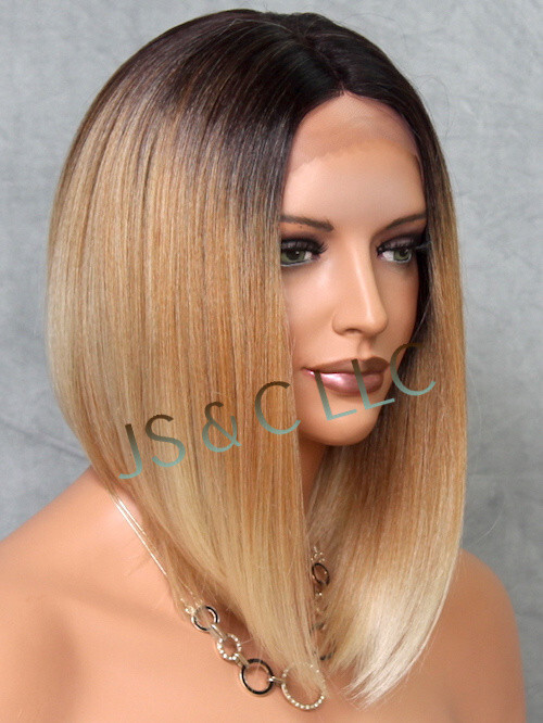 Lace Front Wig Straight Human hair blend Heat OK Blonde Dark Roots 2T27-613 LBY