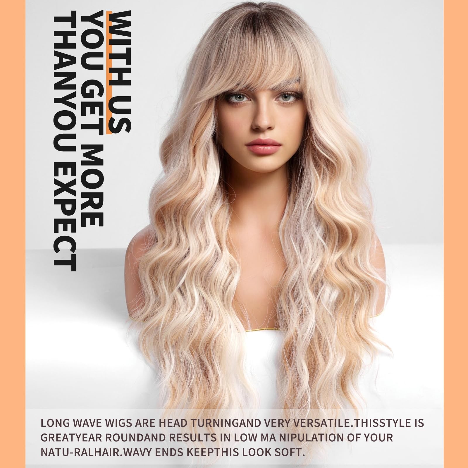 Ombre Blonde Wigs with Bangs,Long Curly Wig for Women,Blonde Long Wavy Wig Sy…