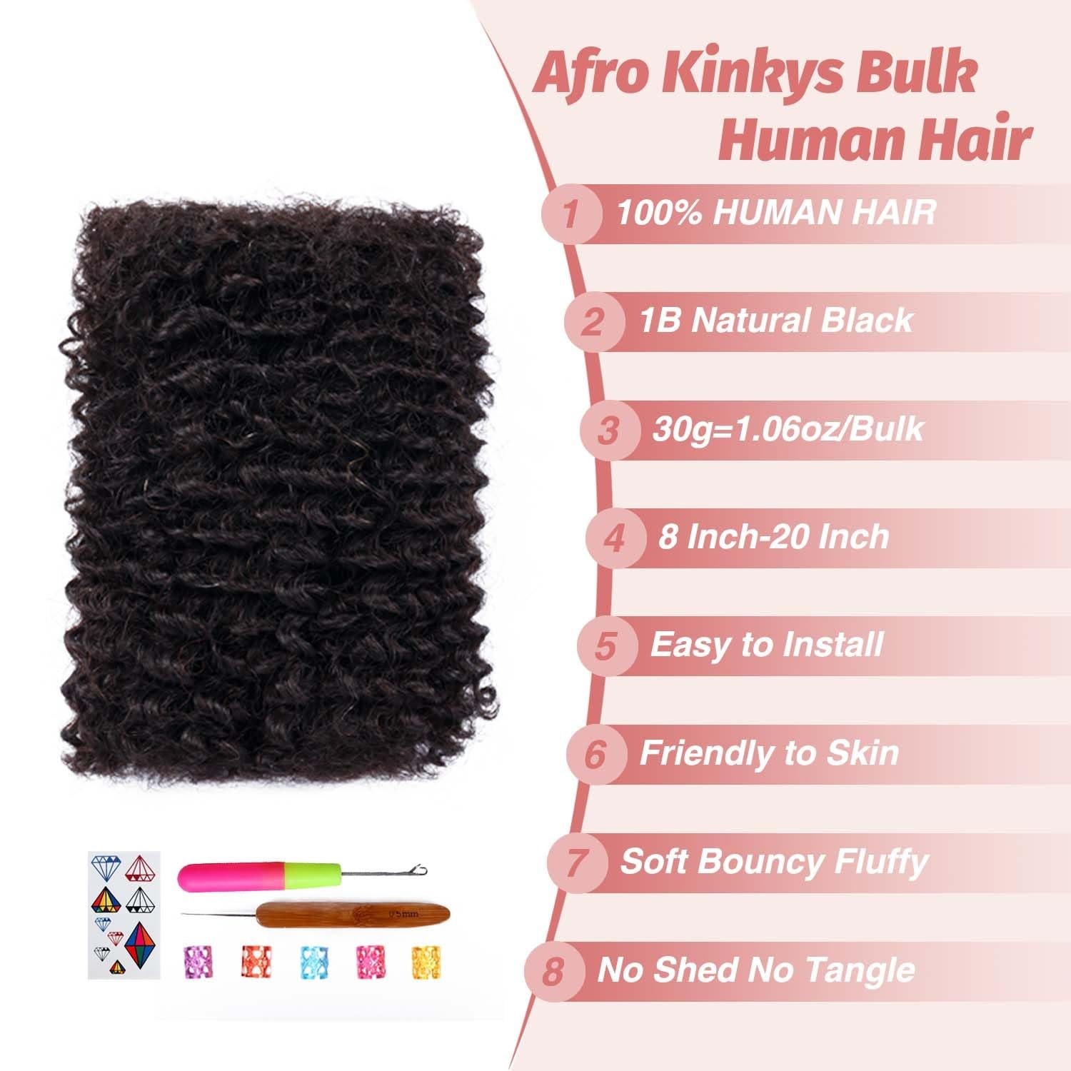 10 in Afro Kinkys Bulk Human Hair Dreadlock Extensions 60g #1B Natural Black