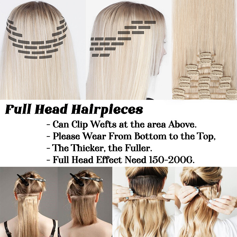 Real Russian Remy 100% Human Hair Extensions Clip in 8 Pieces 18Clips Full Head