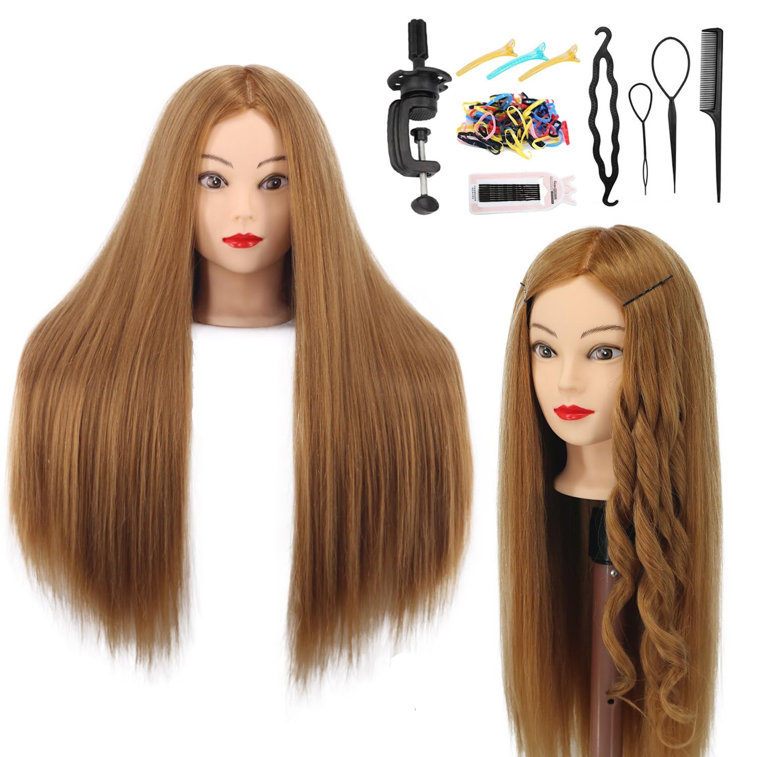 Human Hair Mannequin Head 26-28 for Cosmetology Practice with Clamp Tools