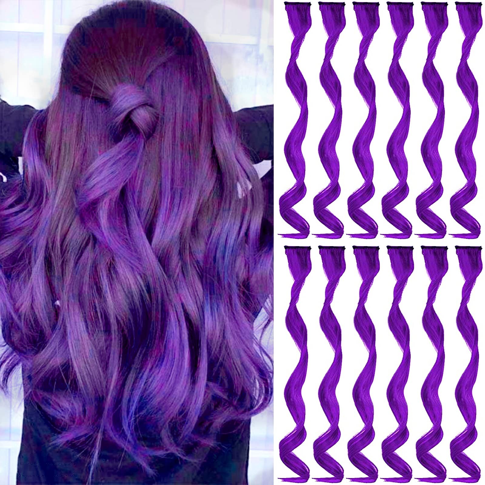 GPOVVIMX 12 PCS Purple Hair Extensions Clip in, Curly Wavy Colored Extension for