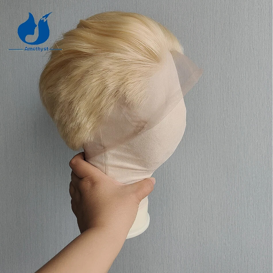 Full Lace Wig 613 Blonde Brazilian Remy Human Hair Short Bob Pixie Cut for Men
