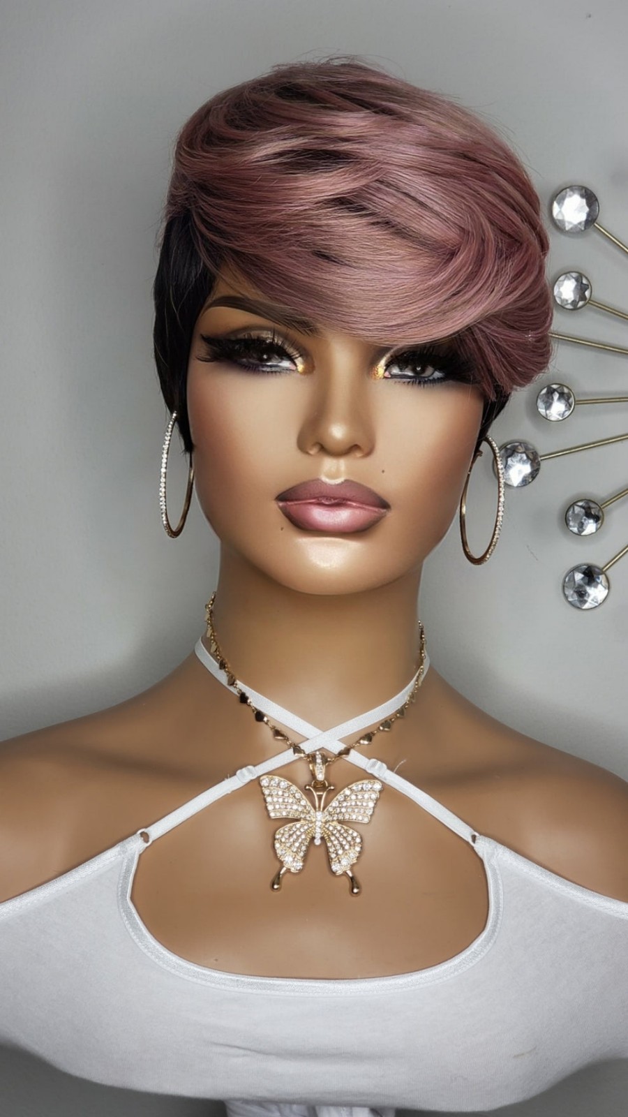 New Short Cut Pixie Style Full Cap Wig Pink Black 2 Tone Style Womens Hair Wigs