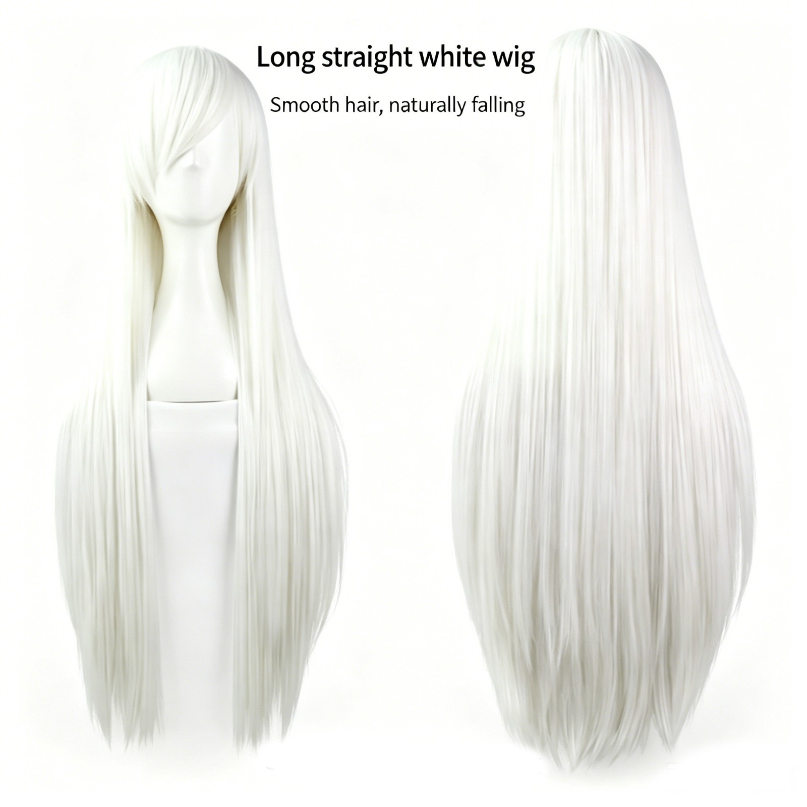 White New 80cm Straight Sleek Long Full Hair Wigs Side Bangs for Women Rose Net