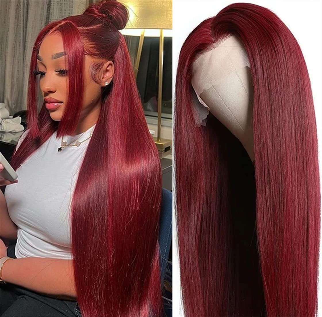 13×4 Burgundy Red Lace Front Human Hair Wig Straight 150% Density 22in 99J