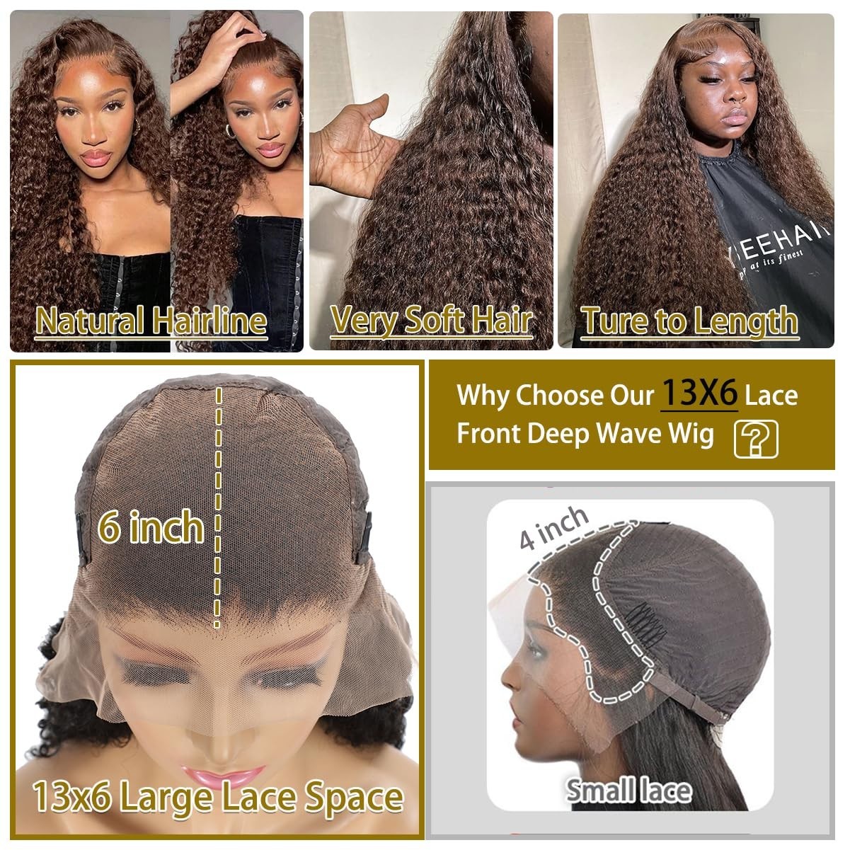 30″ Chocolate Brown Deep Wave Lace Front Wig, 220 Density, Curly Human Hair, Pre