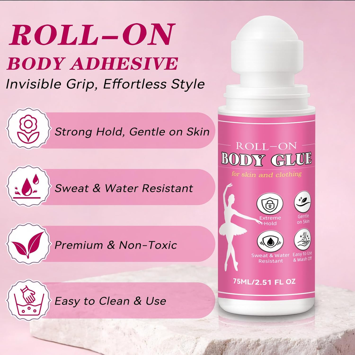 Body Glue for Clothes & Skin 2.54 Oz, Roll-On Body Adhesive, Sweat Resistant, Sk