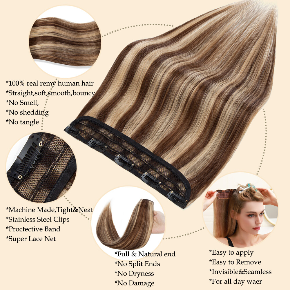 U Part Clip in Human Hair Extensions One Piece Real V-Shape Thick Weft 12″-22″