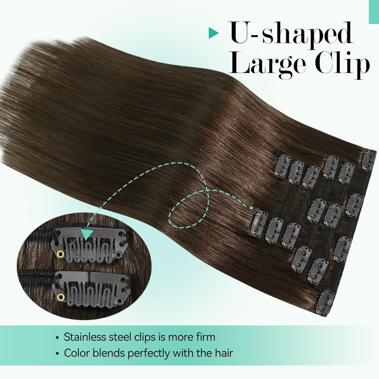 22″ Medium Brown Clip-in Hair Extensions, 115g Real Human Hair, Soft Straight Re