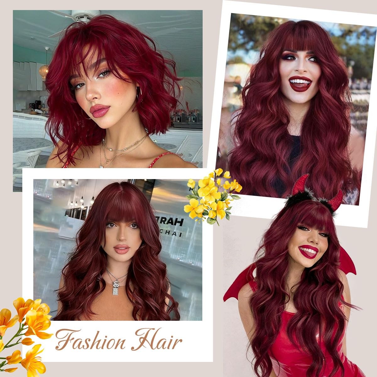 Burgundy Red Wig with Bangs 26 Inch Long Curly Wavy Wigs for Women Begineer-f…