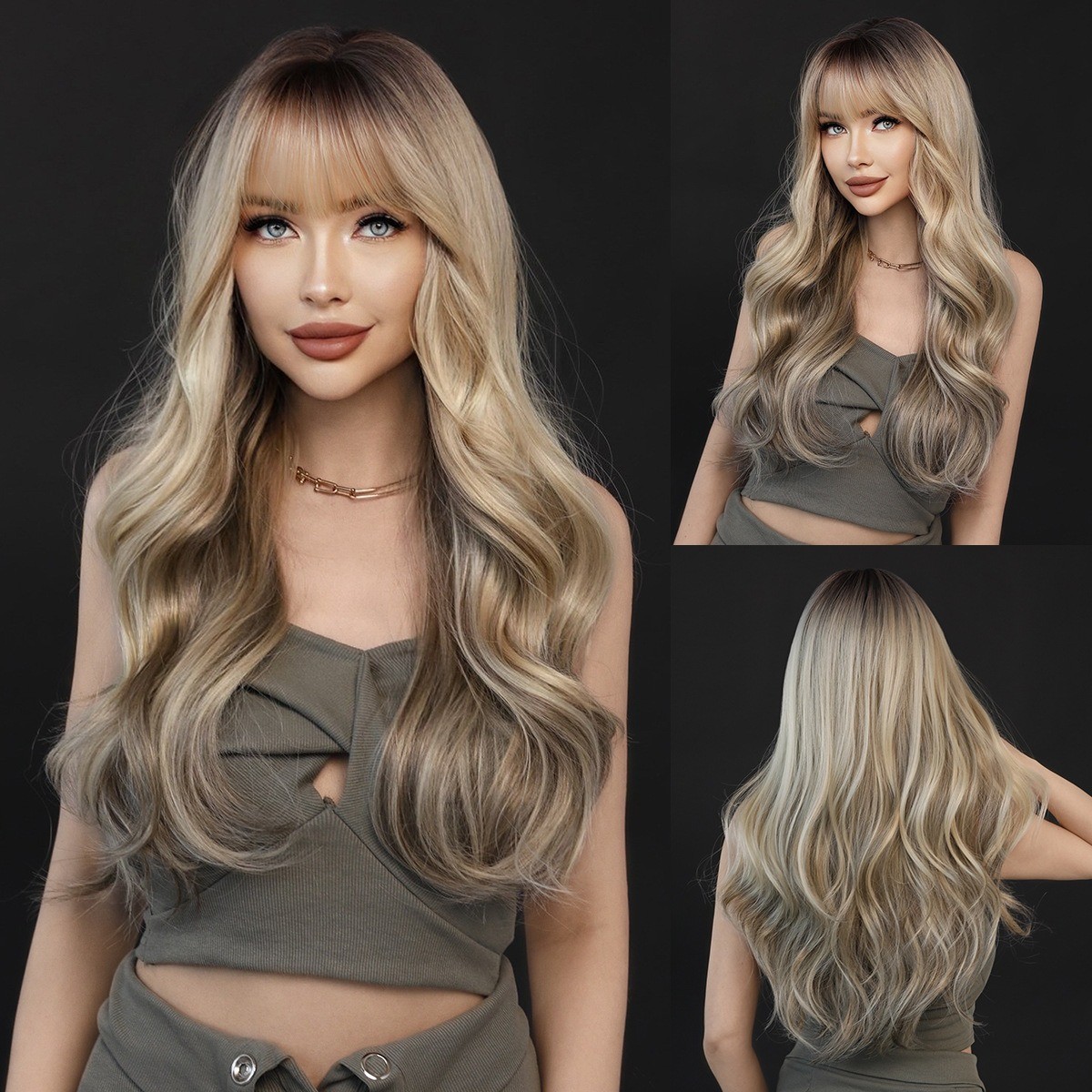 Gradually changing natural blonde long wavy hair synthetic rose net