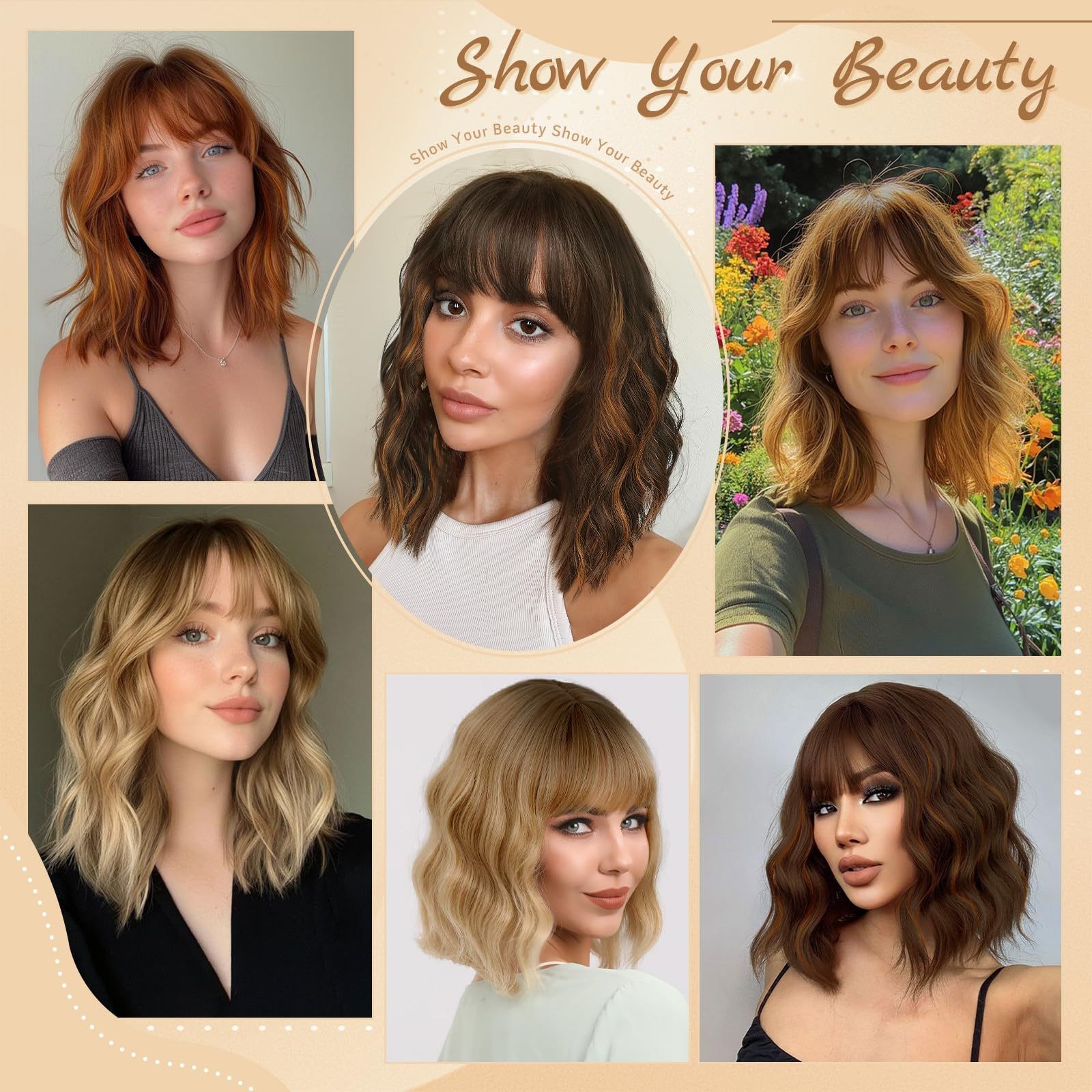 Brown Short Water Wave Curly Wig for Women Synthetic Natural Heat Resistant