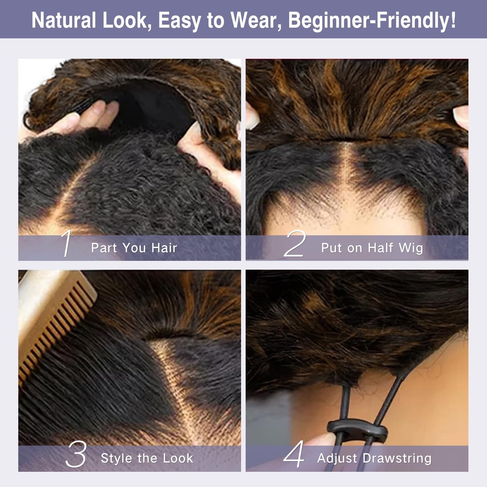 180 Density 16″ Human Hair Half Wig – Glueless, Drawstring, Clip-In, Water Wave,