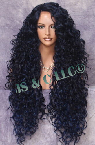 Human Hair Blend Full Lace Front wig Long Curly Blue Black Mix Heat OK DOM