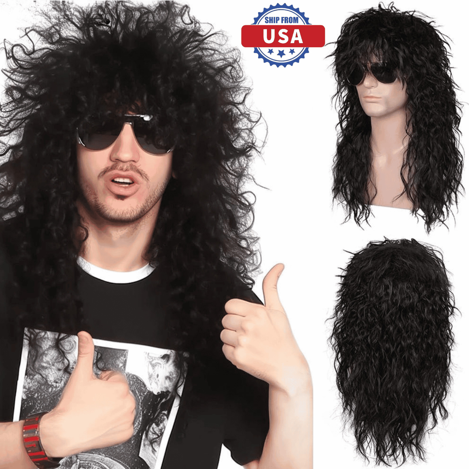 Men’s 80s Black Mullet Wigs Punk Heavy Metal Long Curly Rocker Male Hair Wig USA