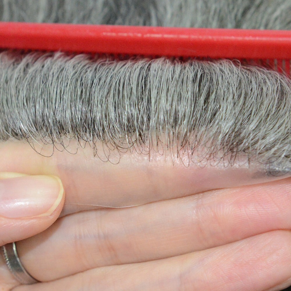 Mens Human Hair Full Head Wigs Thin Poly Skin Grey Wig Medium Size 6” #1B65