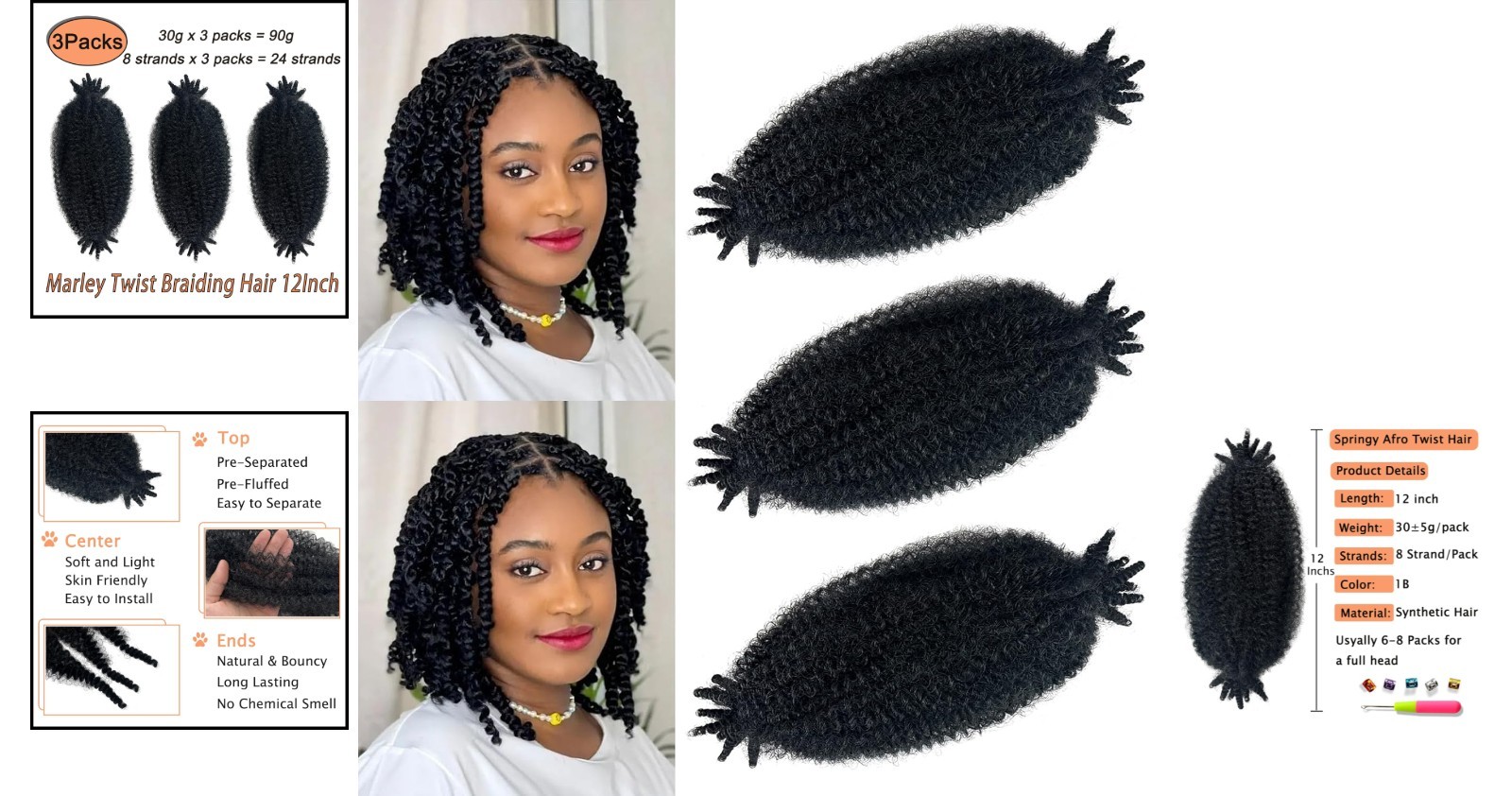 3 Pack Soft 12 Inch Springy Afro Twist Hair – Natural Black, Effortless Styles