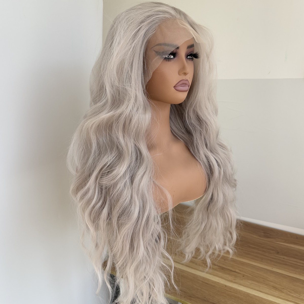 Heat Resistant Hair Long Wavy Silver gray Women T Lace Frontal Wigs Soft