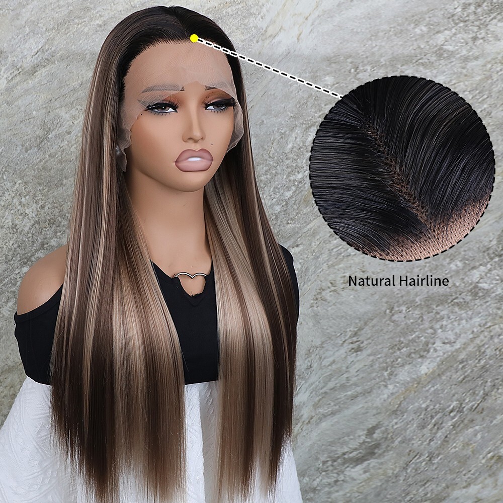 Long Straight Synthetic Wig Mixed Brown Blonde Color Ombre Lace Front Wigs Party