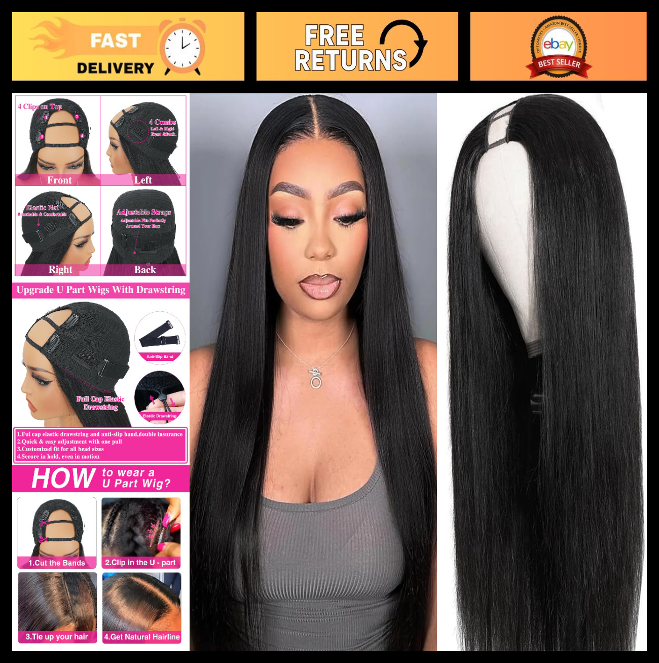 250% Density U Part Human Hair Wig – Straight Clip-In Half Wig, No Glue, 18″ Nat