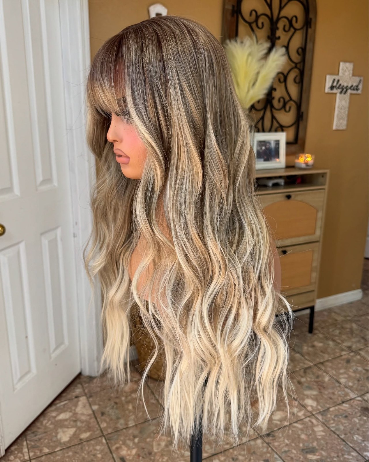 Balayage Ash Brown to Blonde Wigs with Bangs 100% Human Hair Lace Front Wigs