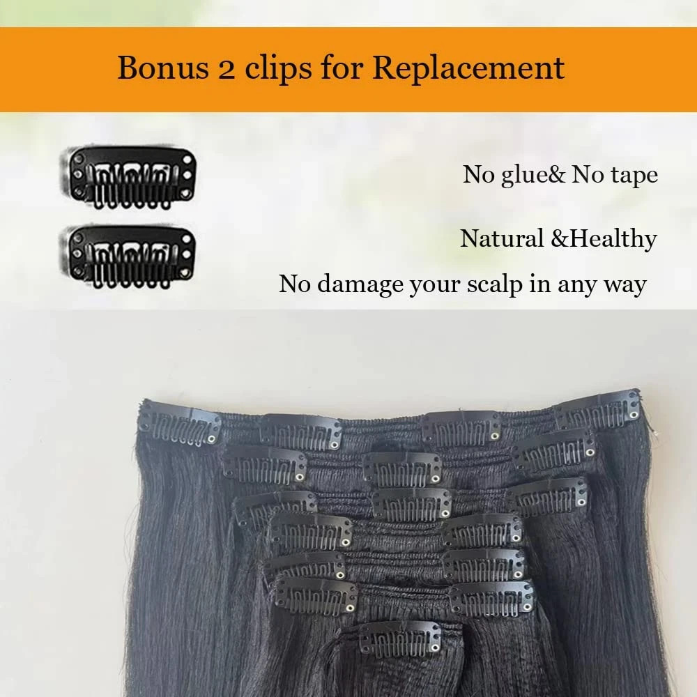 Clip in Hair Extensions Black Women, Yaki Straight Clip Ins Black Hair Extension