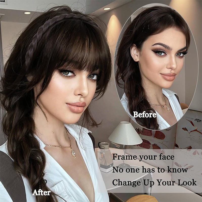 Headband Wig with Front Bangs + Topper Hair Headband Braid Wig for Women Girls