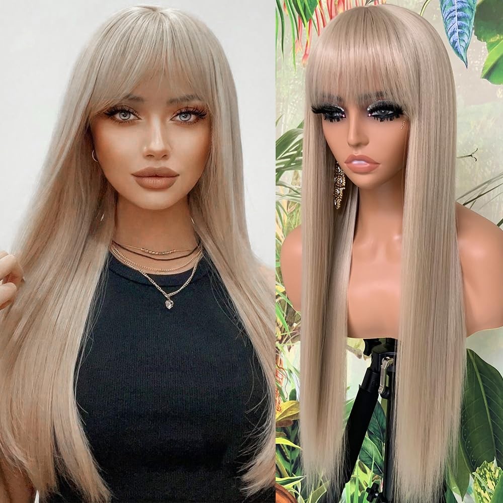 Heat-Resistant 24 Inch Ash Blonde Wig with Sparse Bangs – Perfect for Daily Wear