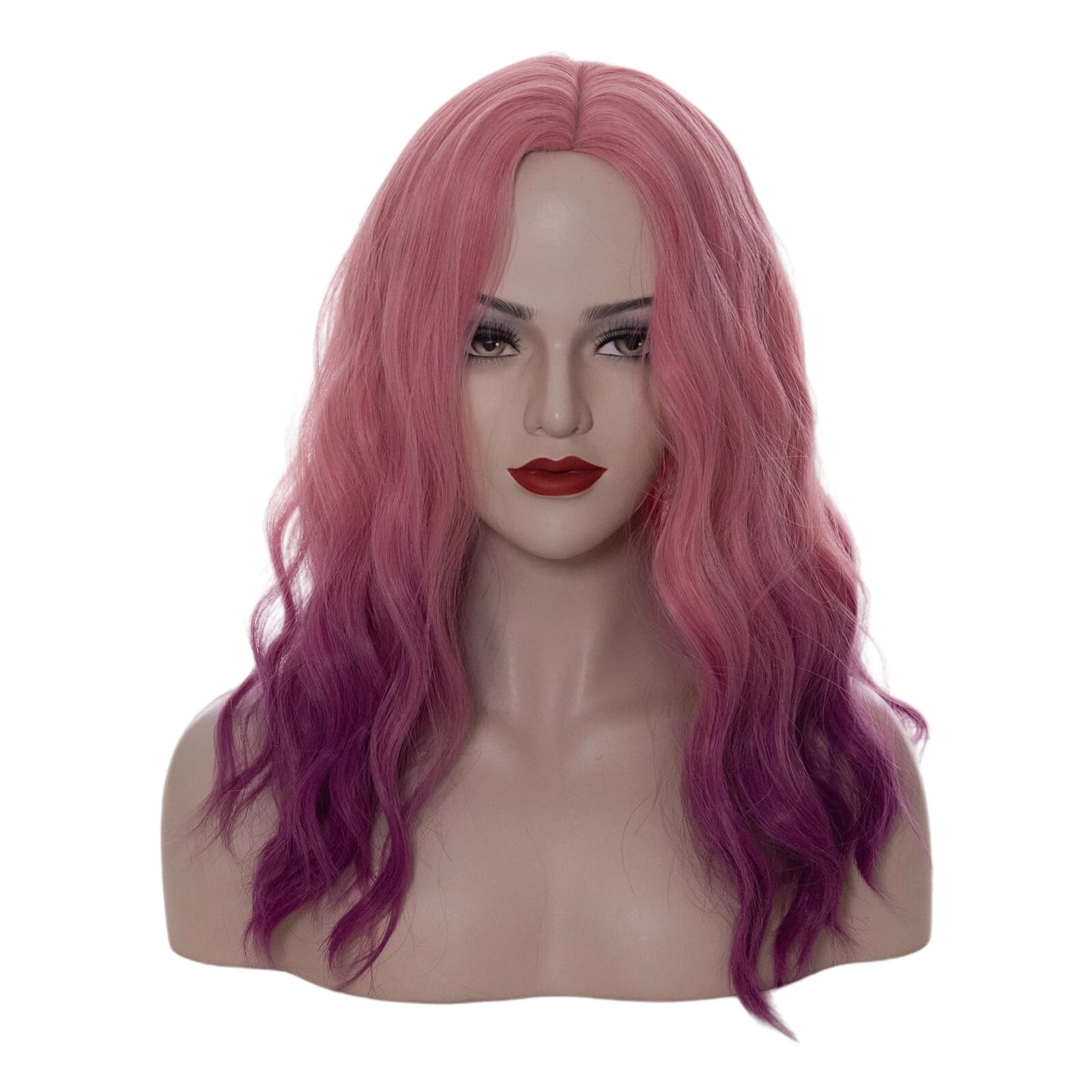 18″ Long Wavy Curly Ombre Pink Purple Synthetic Wig for Women Girls Cosplay W…
